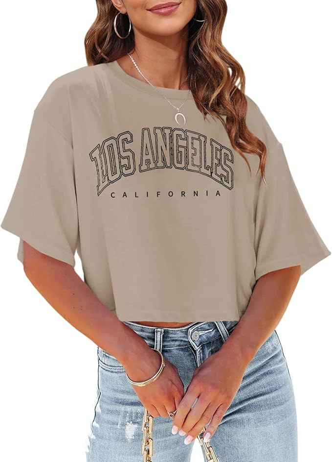 Tankaneo Womens Los Angeles California Letter Print Cropped T Shirt Half Sleeve Crop Tees Round Neck | Amazon (US)