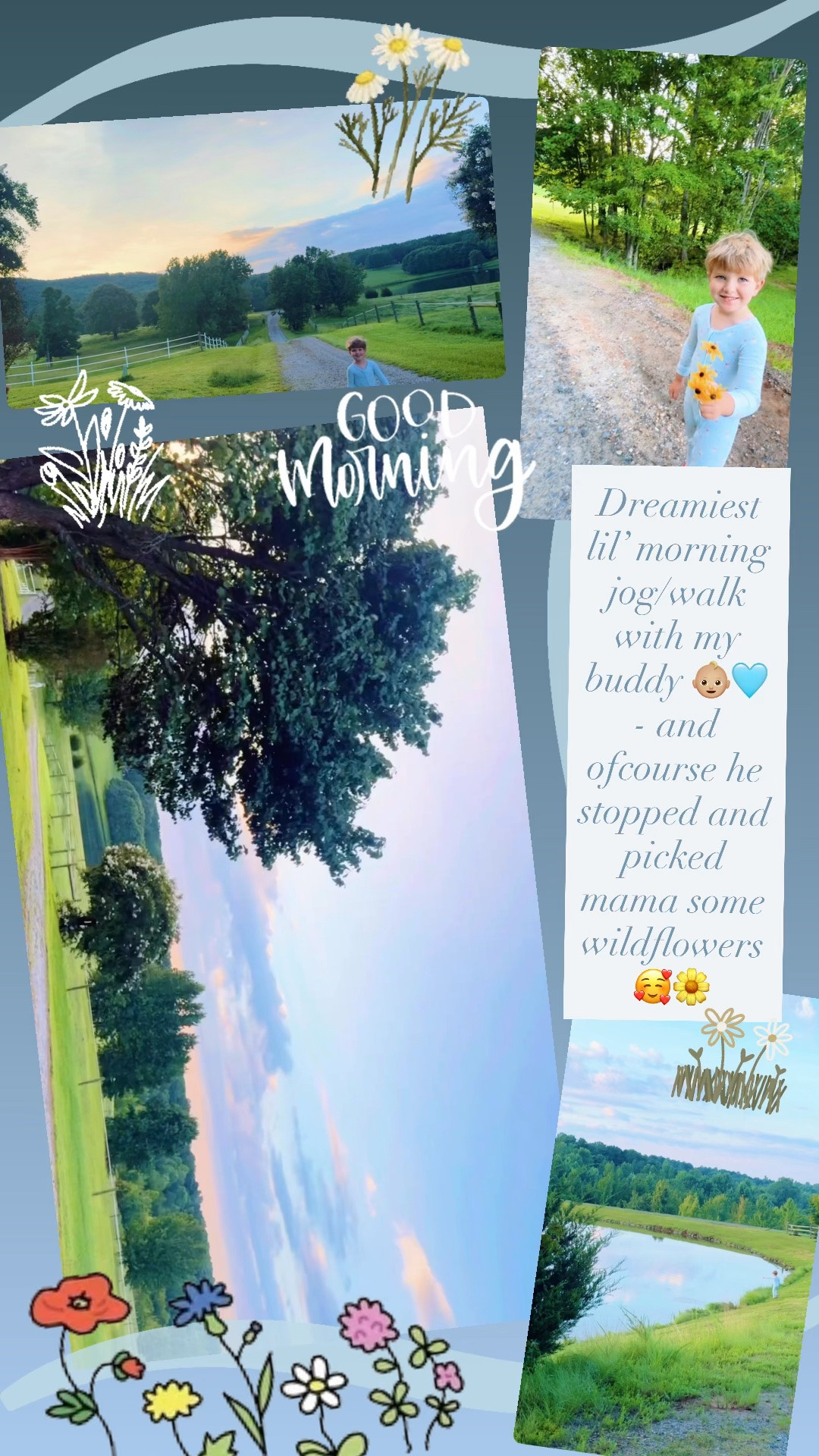 Dreamiest lil’ morning jog/walk with my buddy 👶🏼🩵 - and ofcourse he stopped and picked mama some wildflowers 🥰🌼