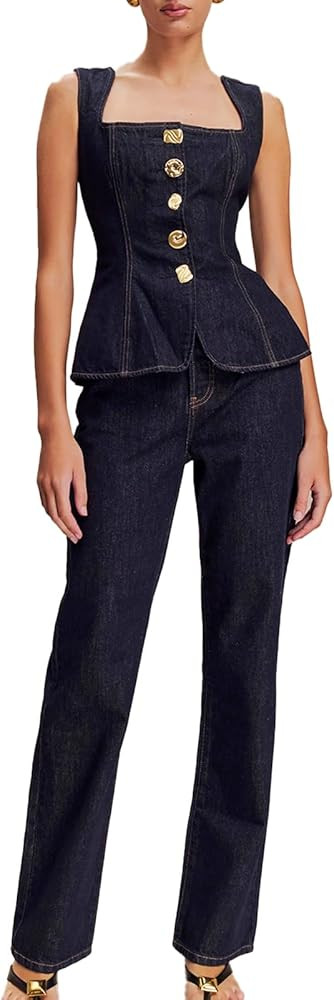 Mandonce Two Piece Denim Set Button Down Denim Vest and Straight Leg Jeans Business Casual Outfit... | Amazon (US)