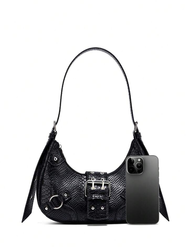 Women Gothic Punk Style Crescent Moon Bag, Black Snake Pattern Buckle Motorbike Bag Set, Multifun... | SHEIN