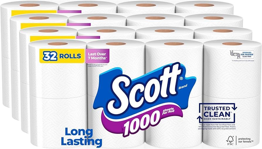 Scott 1000 Trusted Clean Toilet Paper, 32 Rolls, Septic-Safe, 1-Ply Toilet Tissue | Amazon (US)