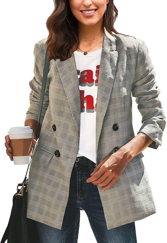 LookbookStore Women's Casual Check Plaid Loose Buttons Work Office Blazer Suit | Amazon (US)