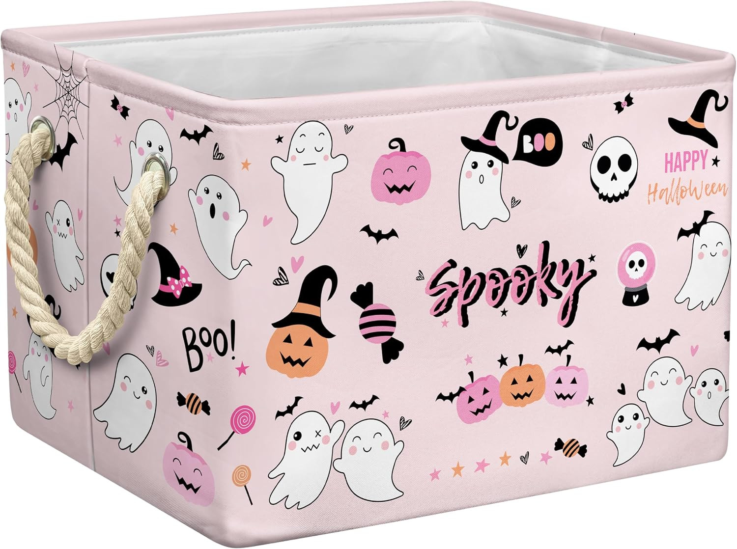 Casuru Halloween Ghost Basket Pink Boo Spooky Basket with Handles Foldable Halloween Gifts Storage Bins for Clothes Books (Pink & White, 15x10x10 Inch) | Amazon (US)