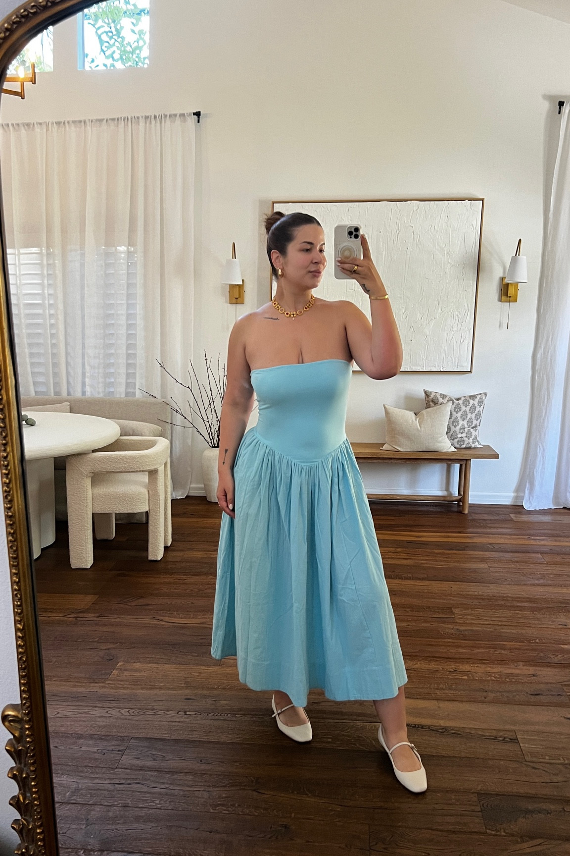 *sized down* to a Large in dress for a tighter fit at the bust - I am a size 38D bra