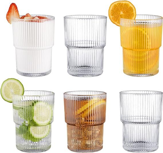 Ribbed Glassesware 15 Oz Ripple Drinking Glasses Iced Coffee Glasses Glass Cup Set Of 6 Vintage D... | Amazon (US)