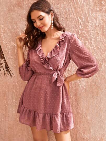 Swiss Dot Ruffle Trim Knotted Dress | SHEIN