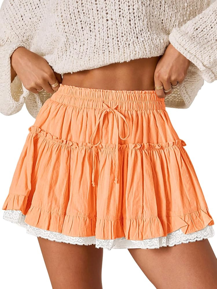 Flowy Shorts for Women Lace Ruffle Tiered Mini Skirt Casual Boho High Waisted Tennis Golf Skorts ... | Amazon (US)