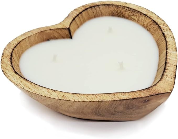 6” Heart Shaped Wooden Bowl Candle with Soy Wax - 3 Wicks 5 oz Decorative Dough Bowl Candles fo... | Amazon (US)