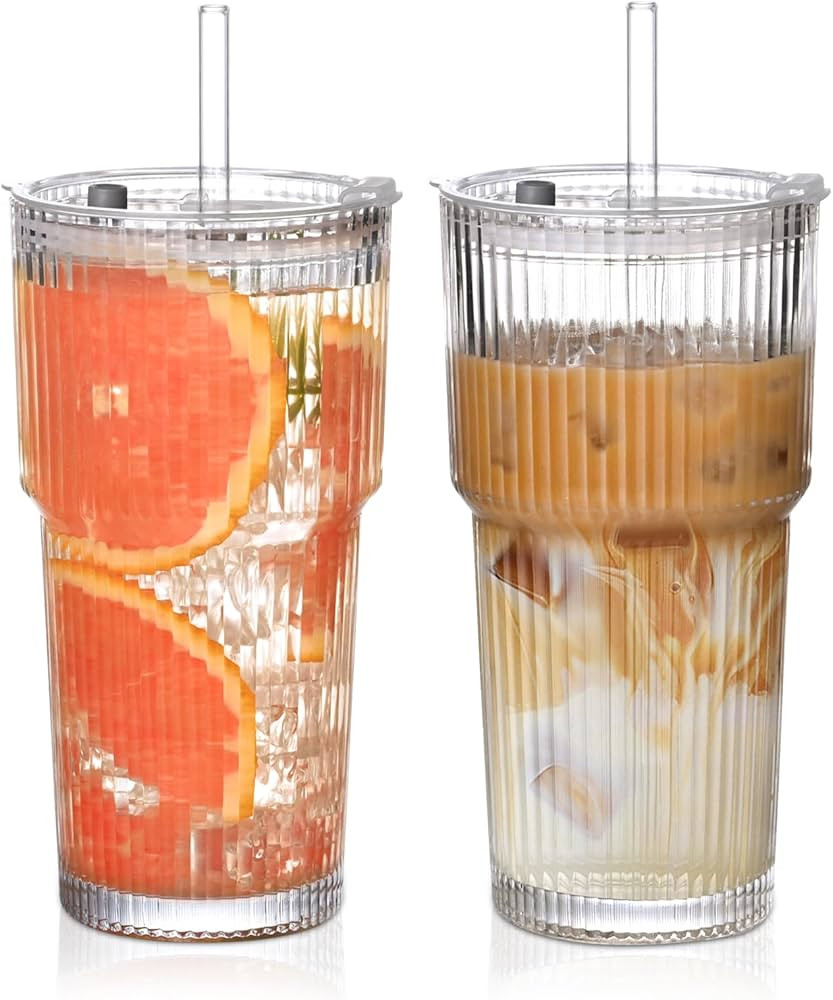 20oz Ribbed Glass Cups with Lids and Straws,2PCS Glass Tumbler with Straw and Lid,Drinking Glasse... | Amazon (US)