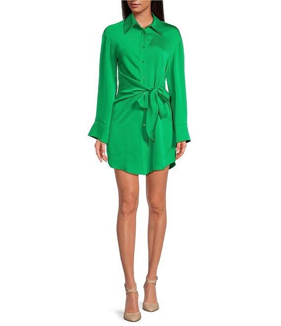 Mina Pebble Crepe Button Front Collar Long Sleeve Tie Waist Shirt Dress | Dillard's