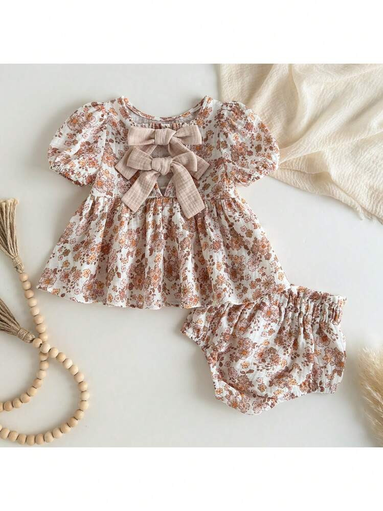 Loomiva 2pcs Baby Girl Floral Graphic Round Neck Puff Sleeve Top And Elastic Waist Shorts Set | SHEIN