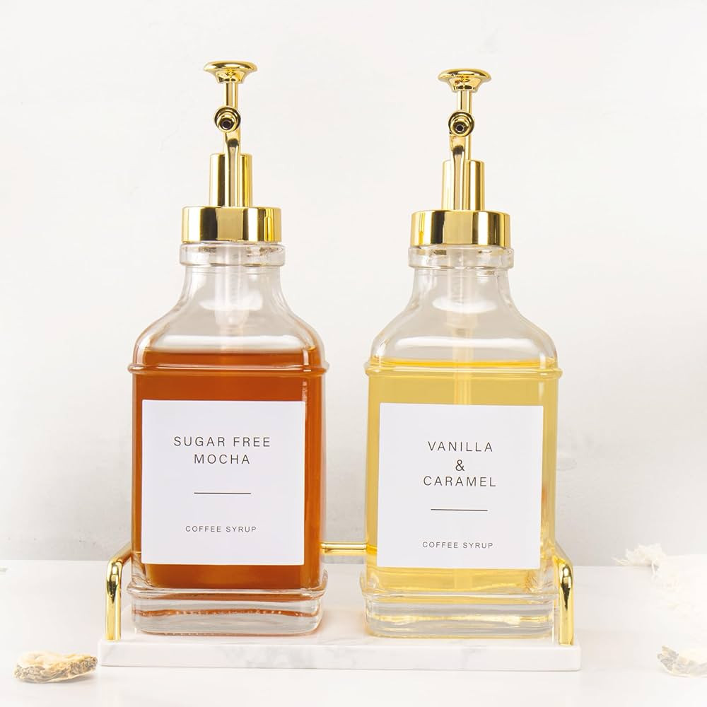 Coffee Syrup Dispenser with Marble Tray, Clear Glass Syrup Bottles with Pump, 2×500 ML Refillabl... | Amazon (US)