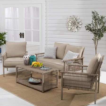 Better Homes & Gardens Meadow Lake 4-Piece Patio Wicker Conversation Set with Beige Cushions | Walmart (US)
