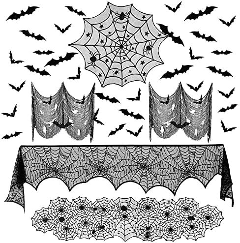 65Pcs Halloween Decorations Set - Spider Web Fireplace Mantel Scarf & Lace Table Runner & Spiderw... | Amazon (US)
