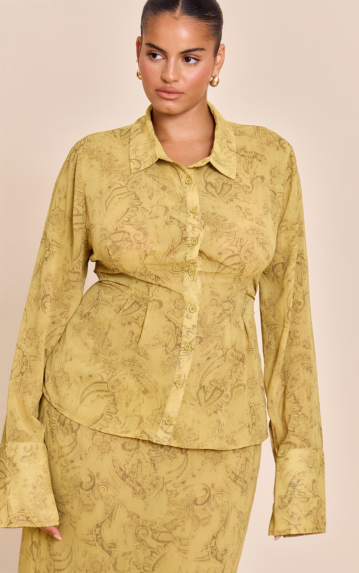 Plus Chartreuse Abstract Print Chiffon Cinched Waist Shirt | Pretty Little Thing (Australia & New Zealand)