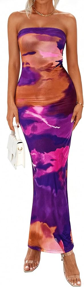 PRETTYGARDEN Women Summer Strapless Maxi Dress Bodycon Floral Sexy Long Wedding Guest Dress Forma... | Amazon (US)