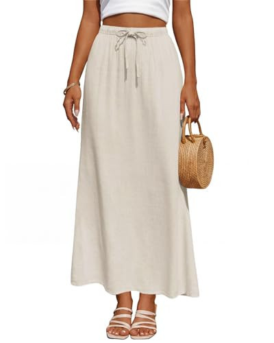 Facogoo Women's Linen Maxi Skirt Drawstring Back Slit Elastic High Waisted Flowy 2026 Summer White Long Skirts for Women | Amazon (US)