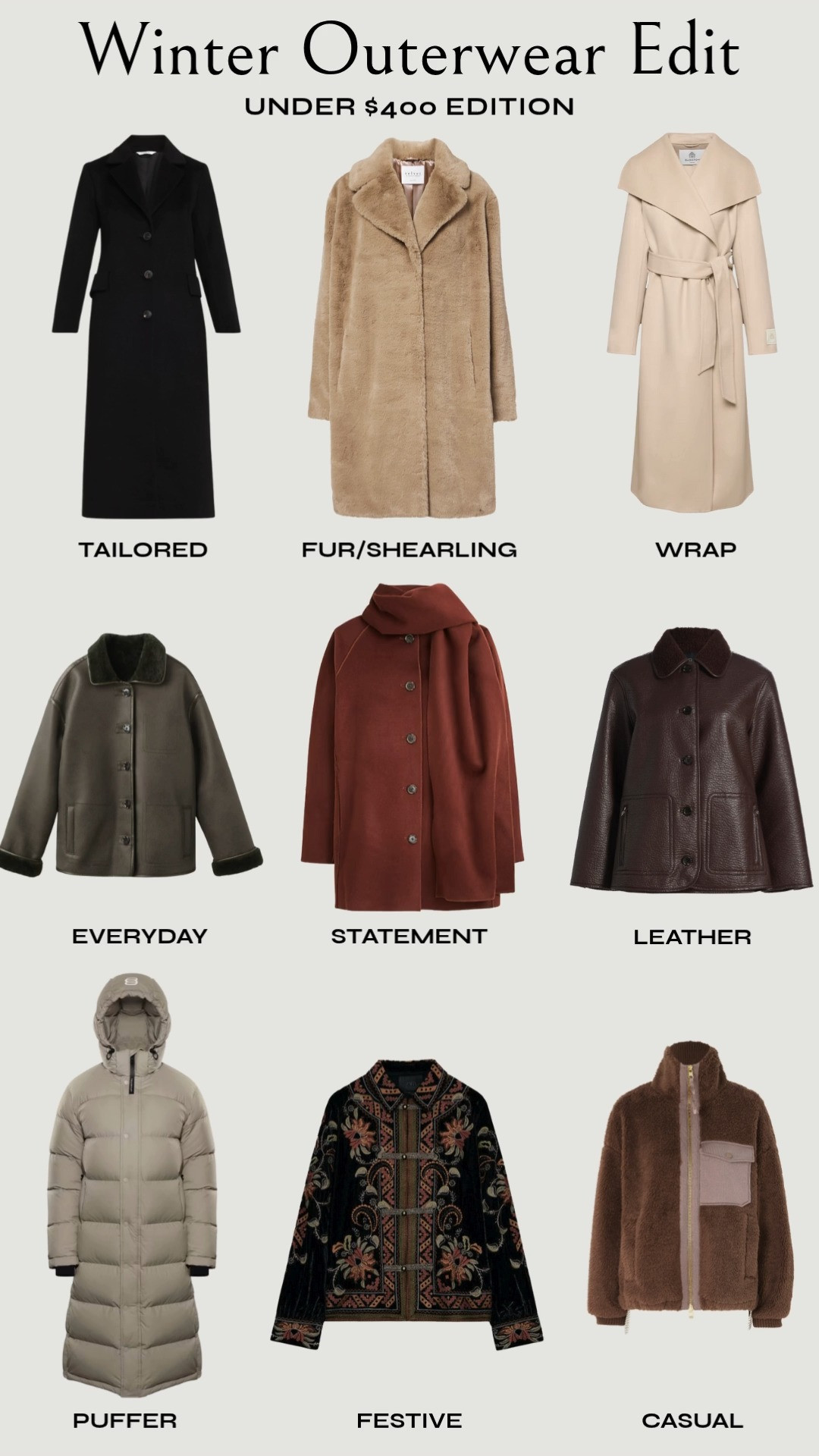 Winter outerwear edit under $400 — something for every occasion, from work dinners to holiday festivities, family walks, everyday errands, and more.  

 