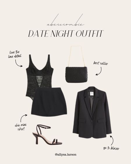 Abercrombie outfit, black outfit, date night outfit, black blazer, mini skirt, black heels

#LTKSeasonal #LTKstyletip #LTKshoecrush