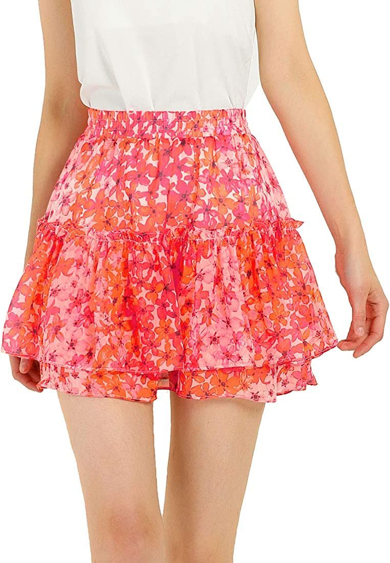 Allegra K Women's Floral Tiered Ruffle Skirts Cute Summer Mini Skirt | Amazon (US)
