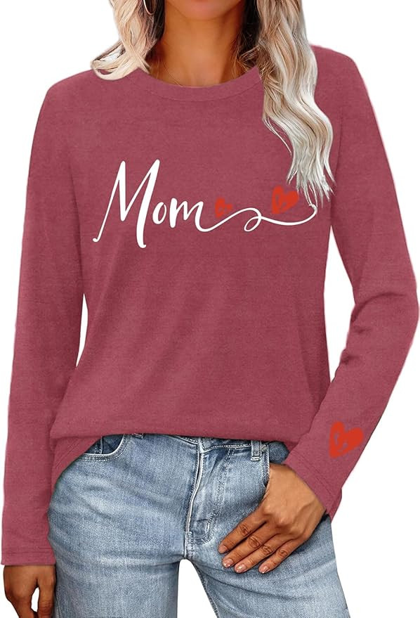 Mama Shirt for Women Mothers Day T-Shirts Mom Heart Love Long Sleeve Tee Tops | Amazon (US)