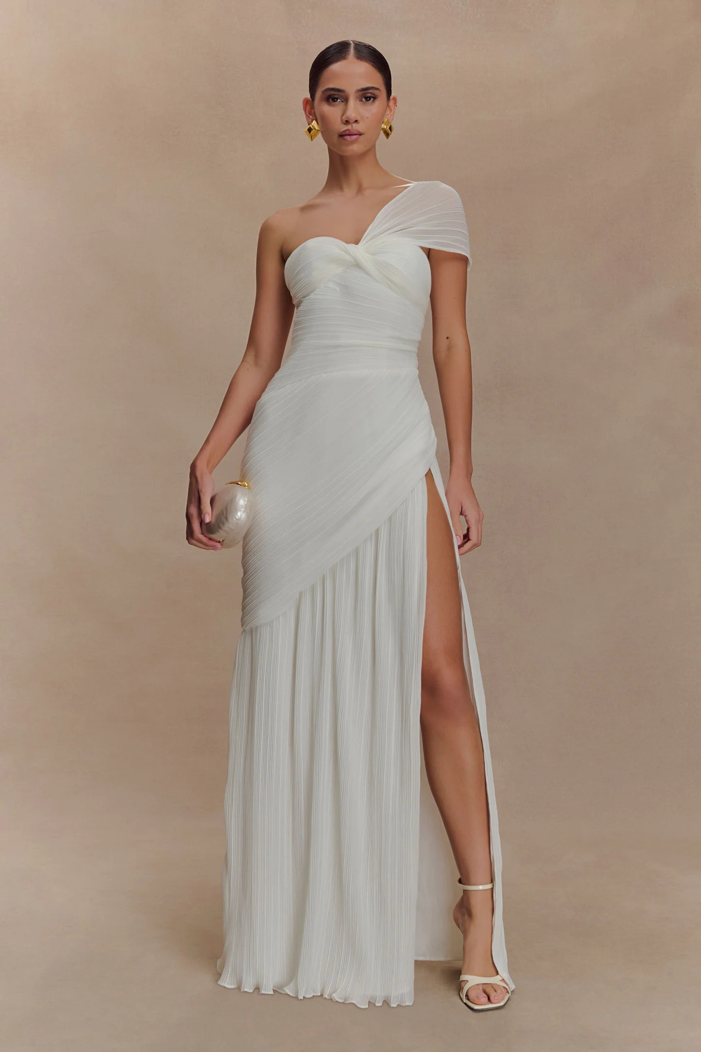 Tamara Shirred Chiffon Midi Dress - White | MESHKI US