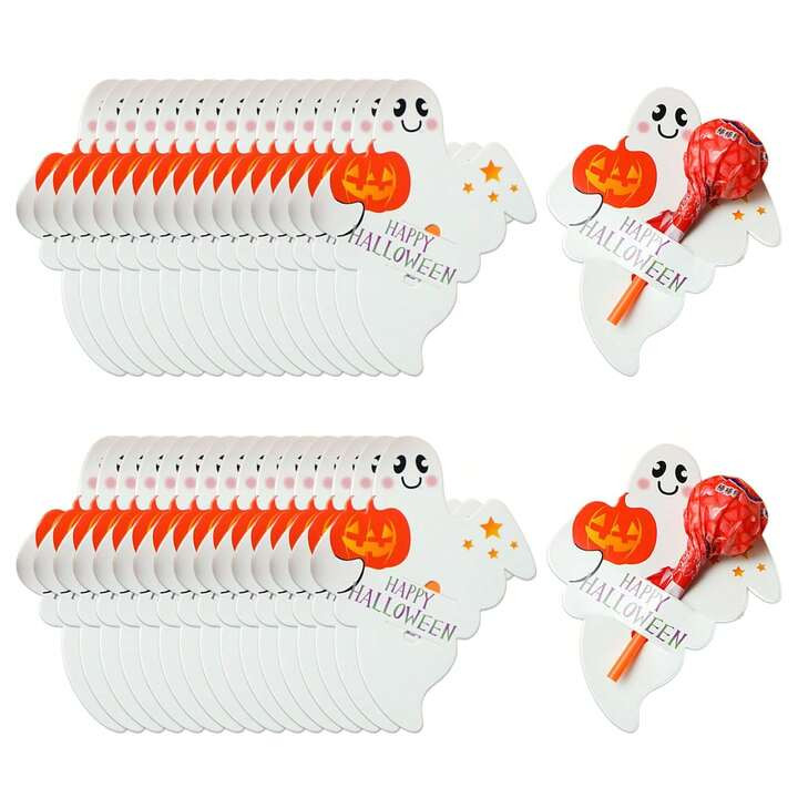 10/100/200 Pcs Halloween Candy Decoration Paper Tags Ghost Pumpkin Lollipop Biscuit Holder Cards Trick Or Treat Craft Label Party Home DIY Supplies | SHEIN