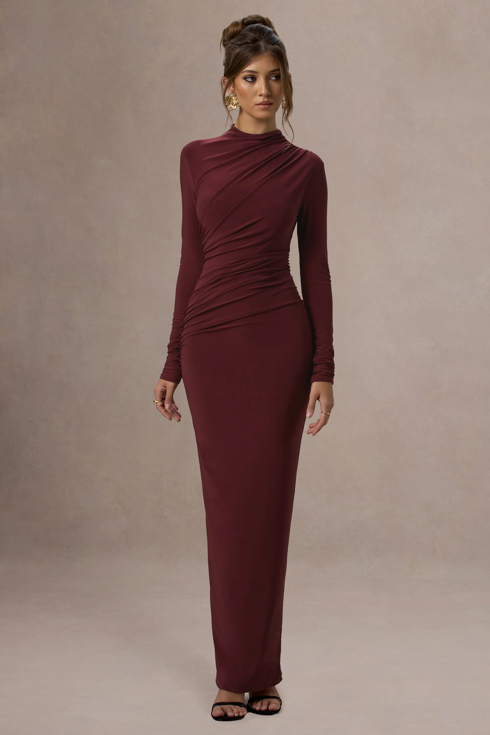 Hespera | Port High-Neck Long-Sleeve Gathered Maxi Dress | Club L London