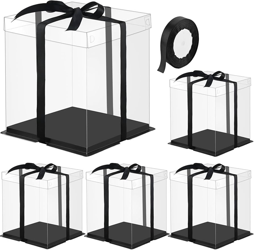 Ocmoiy 8 ×8 × 9 In. Clear Cake Box with Ribbon, 5 Pcs Black Disposable Cake Carrier with lid fo... | Amazon (US)