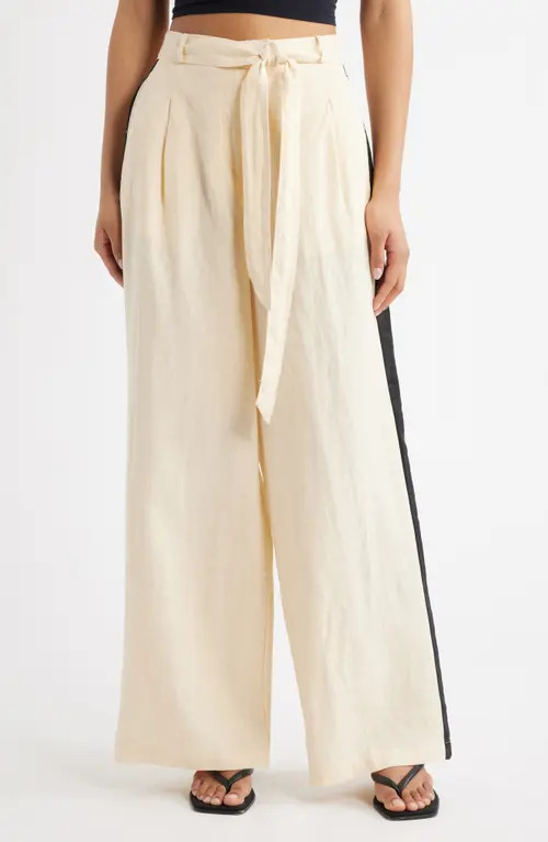 MANGO Side Stripe Linen Drawstring Pants in Ecru at Nordstrom, Size 10 | Nordstrom