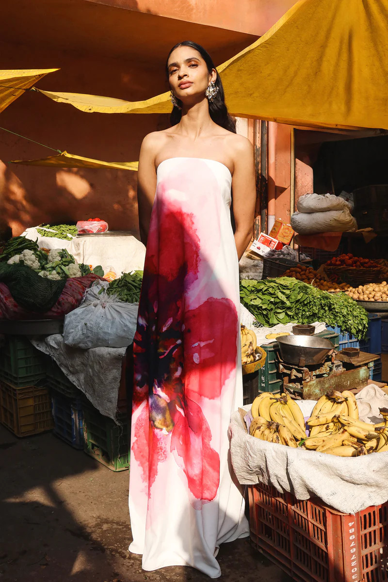 Breonna  Bright Pink Floral Placement Print Bandeau Maxi Dress | Club L London