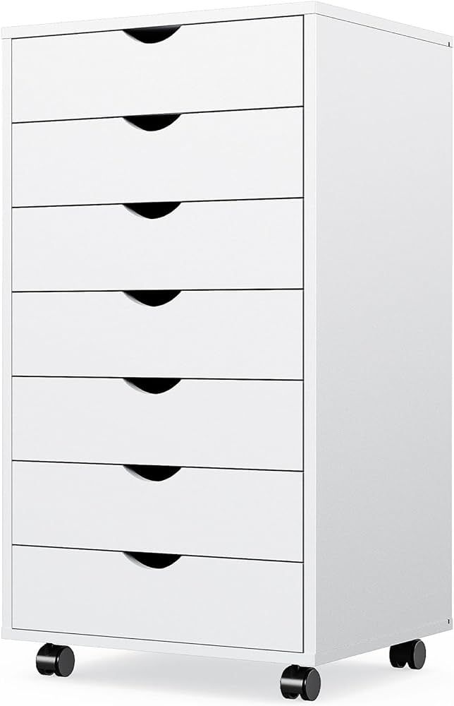 7 Drawer Chest - Dressers Storage Cabinets Wooden Dresser White Mobile Cabinet with Wheels Room O... | Amazon (US)