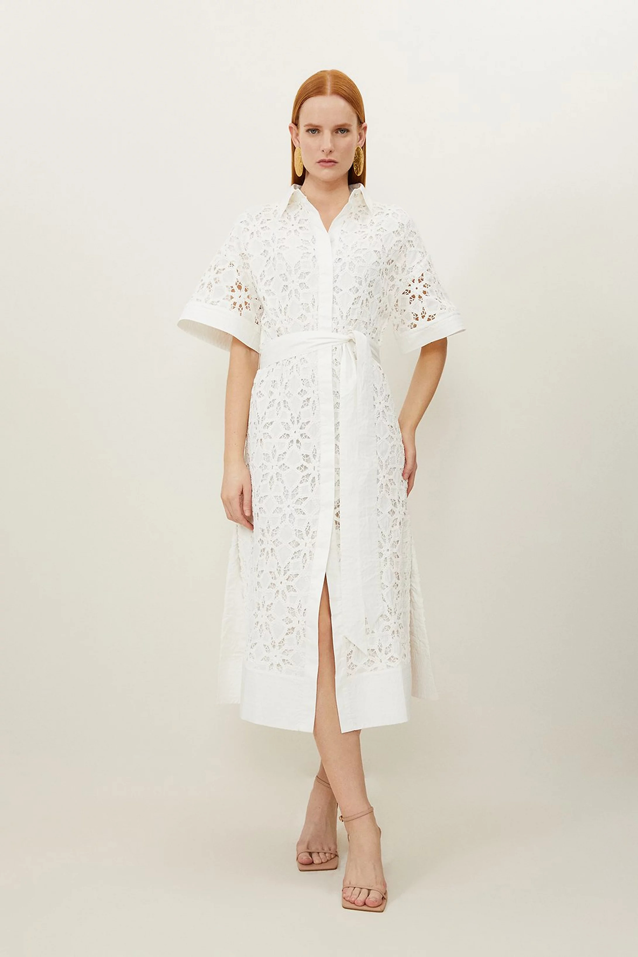 Crafted Cotton Embroidery Woven Shirt Midi Dress | Karen Millen UK + IE + DE + NL