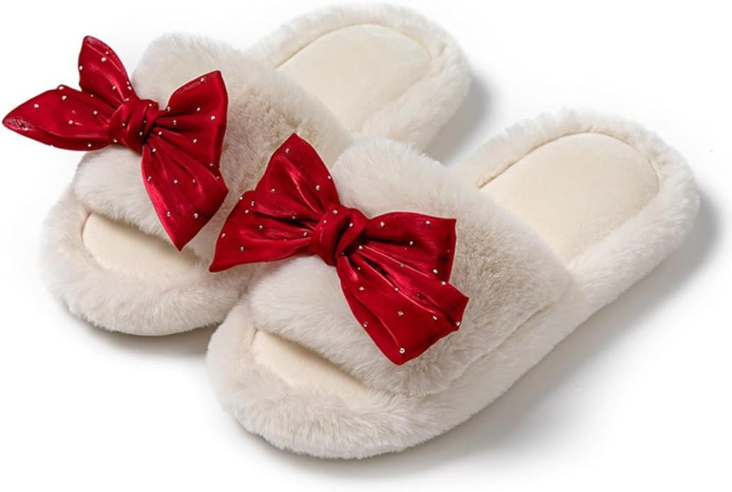 Cute Bow House Women's Slippers - Open Toe Warm Plush Fluffly Non-Slip Sole Indoor | Amazon (US)