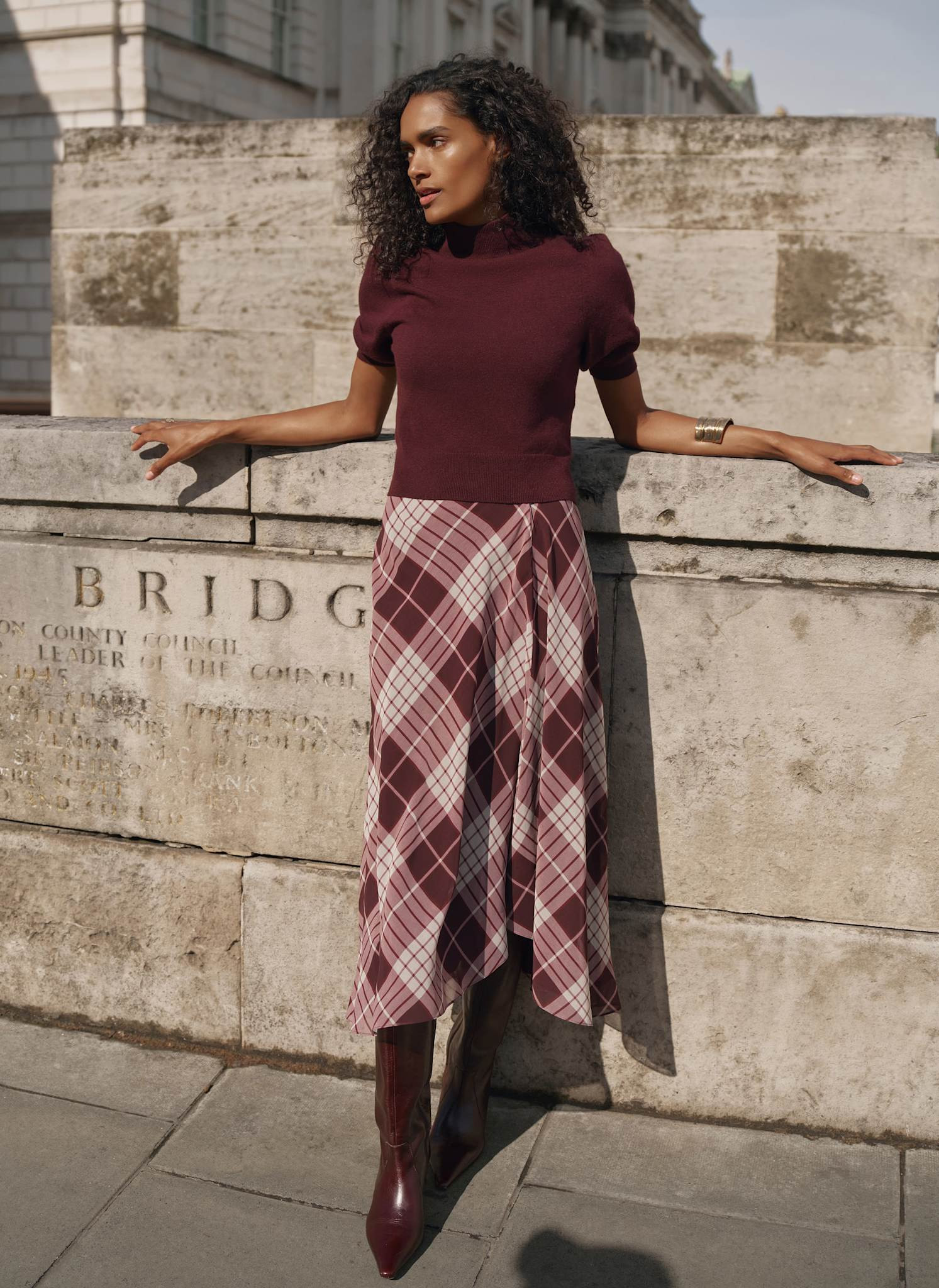 Burgundy Checked 2-in-1 Midi Dress | Mint Velvet - ROW