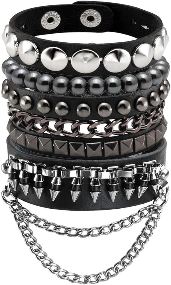 Eigso Punk Leather Cuff Bracelets for Men Women 80s Retro Hematite Rock Spikes Metal Cuff Wristba... | Amazon (US)