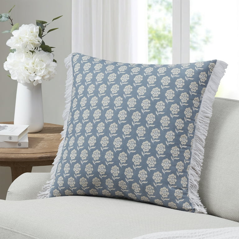 My Texas House 22" x 22" Ivory/Blue Meera Floral Fringe Cotton Decorative Pillow | Walmart (US)
