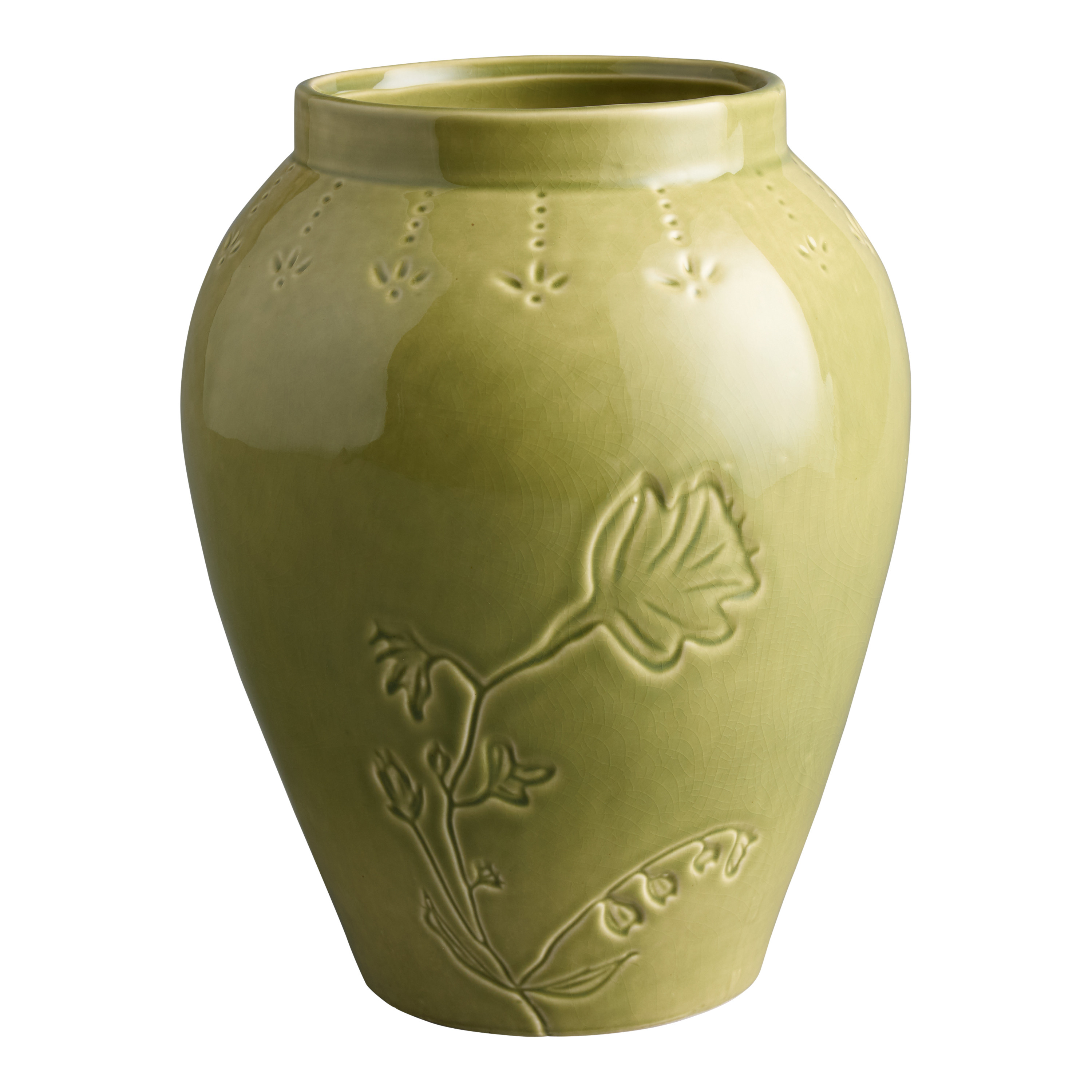 Green Reactive Glaze Ceramic Debossed Flowers Vase | World Market