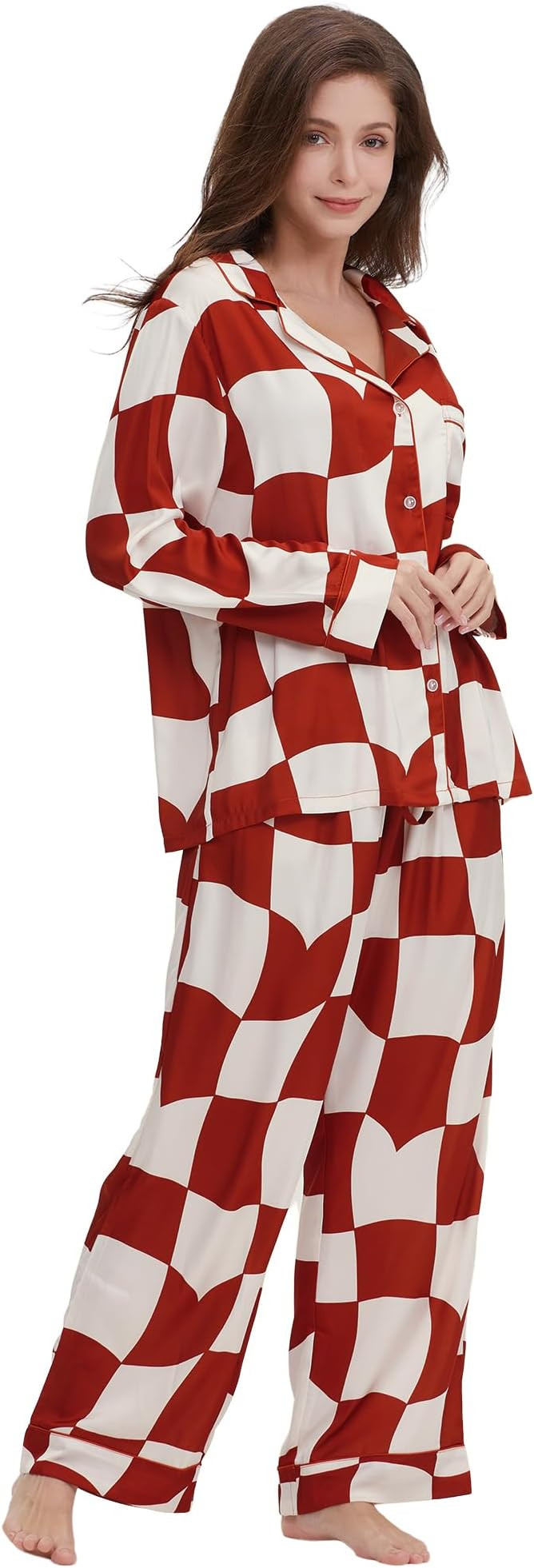 Womens Silk Satin Pajamas Set Button Down 2 Piece Pjs Long Sleeve Oversized Sleepwear with Pocket... | Amazon (US)