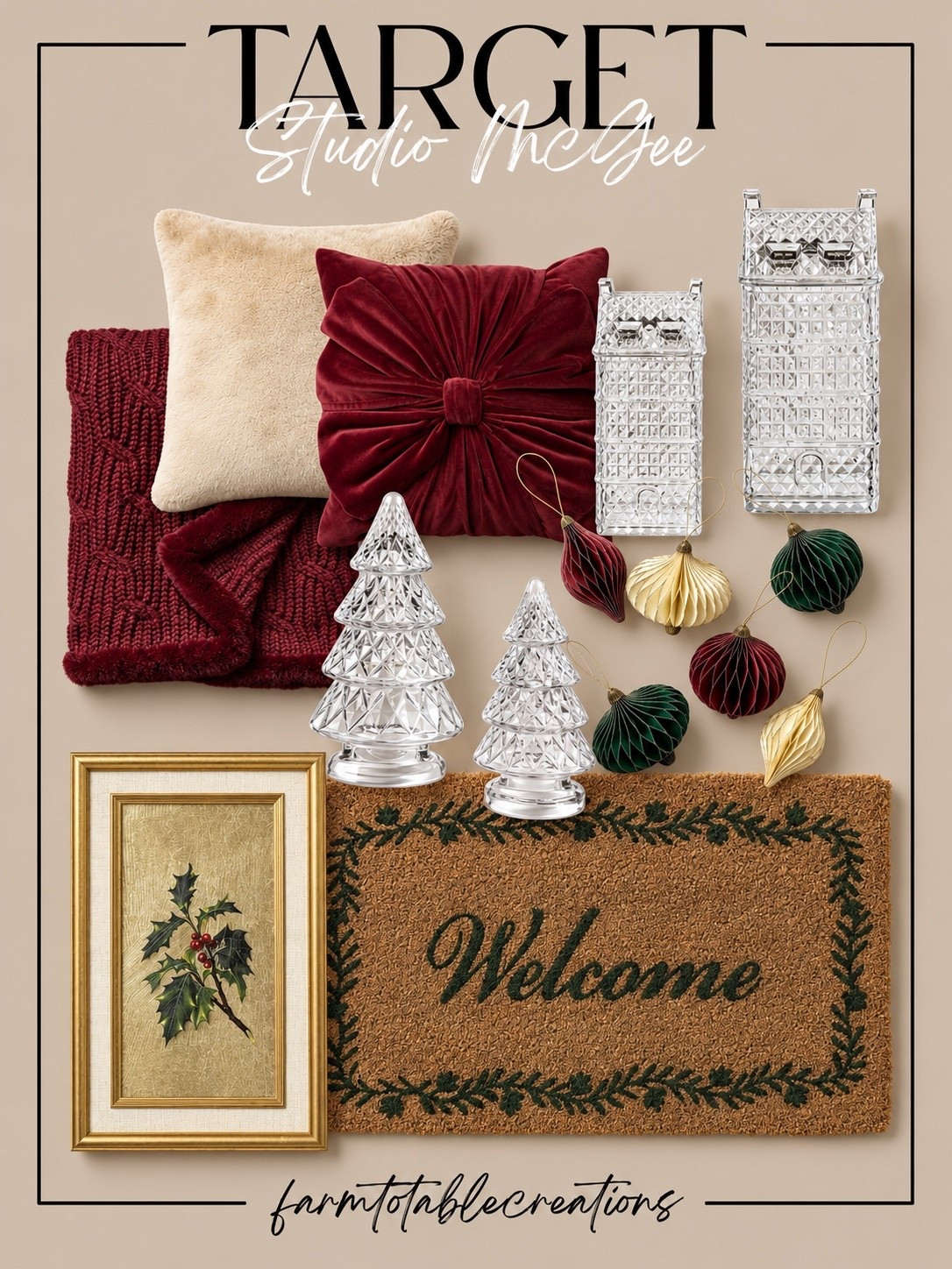 New Studio McGee Christmas Collection at Target ✨🎄

The new Studio McGee holiday collection at Target has such a rich, elevated Christmas feel. Deep burgundy, evergreen, cream, gold, and clear glass accents make everything feel festive while still keeping that soft, collected Studio McGee look.

I especially love the velvet pillow, cozy knit throw, glass Christmas trees, jewel-toned ornaments, framed holly artwork, and classic welcome mat. These pieces would be beautiful in an entryway, living room, bedroom, or layered into a traditional Christmas setup for a look that feels warm and polished.

Follow @farmtotablecreations on Instagram for more cozy home finds and trending decor.

#LTKHome #TargetFinds #TargetHome #StudioMcGee #StudioMcGeeTarget #TargetChristmas #ChristmasDecor #HolidayDecor #ChristmasHome #CozyChristmas #TraditionalChristmas #ChristmasPillows #ChristmasOrnaments #HolidayHome #ChristmasInspo

#LTKHome #LTKSeasonal