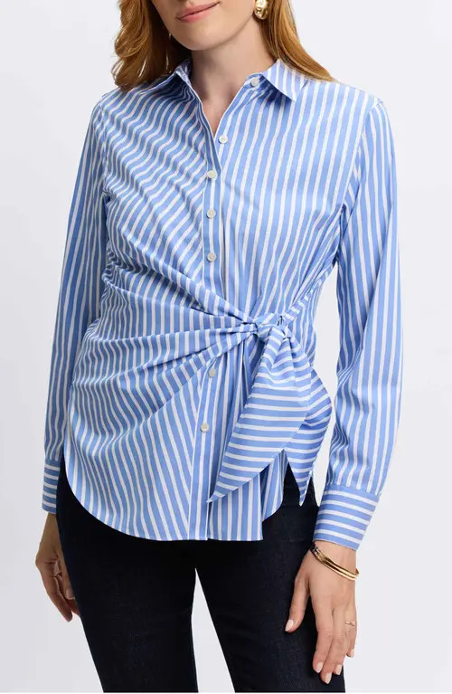 Foxcroft Sabine Stripe Side Tie Button-Up Shirt in Periwinkle at Nordstrom, Size Large | Nordstrom