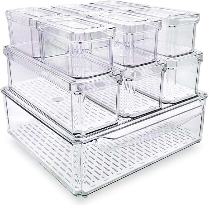 10-Pack Clear Fridge Organizer Bins with Lids & Drainage Holes, Stackable Container Set, BPA-Free... | Amazon (US)