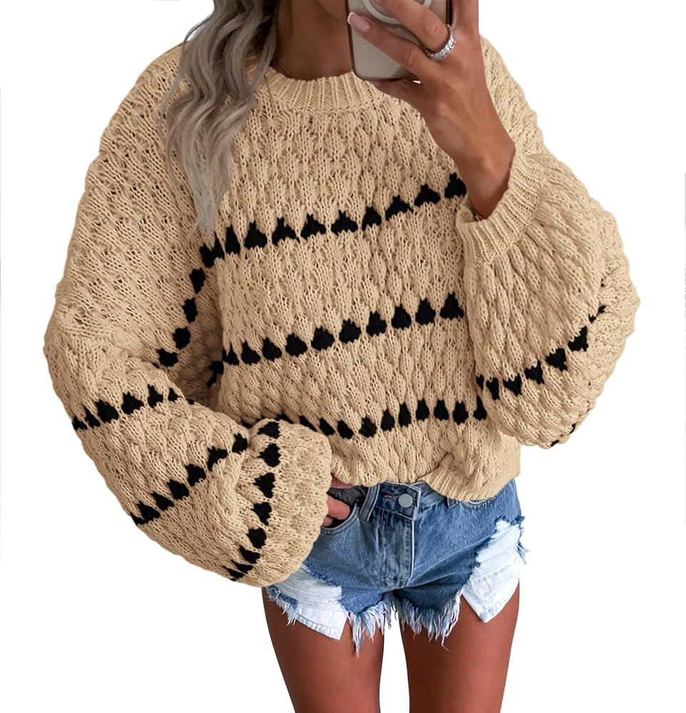 Okiwam Womens Long Sleeve Sweaters Crew Neck Striped Color Block Pullover 2024 Fall Fashion Overs... | Amazon (US)