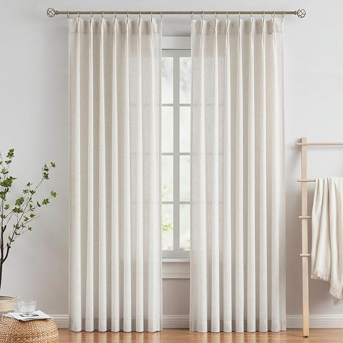 Vision Home Natural Pinch Pleated Semi Sheer Curtains Textured Linen Blended Light Filtering Wind... | Amazon (US)