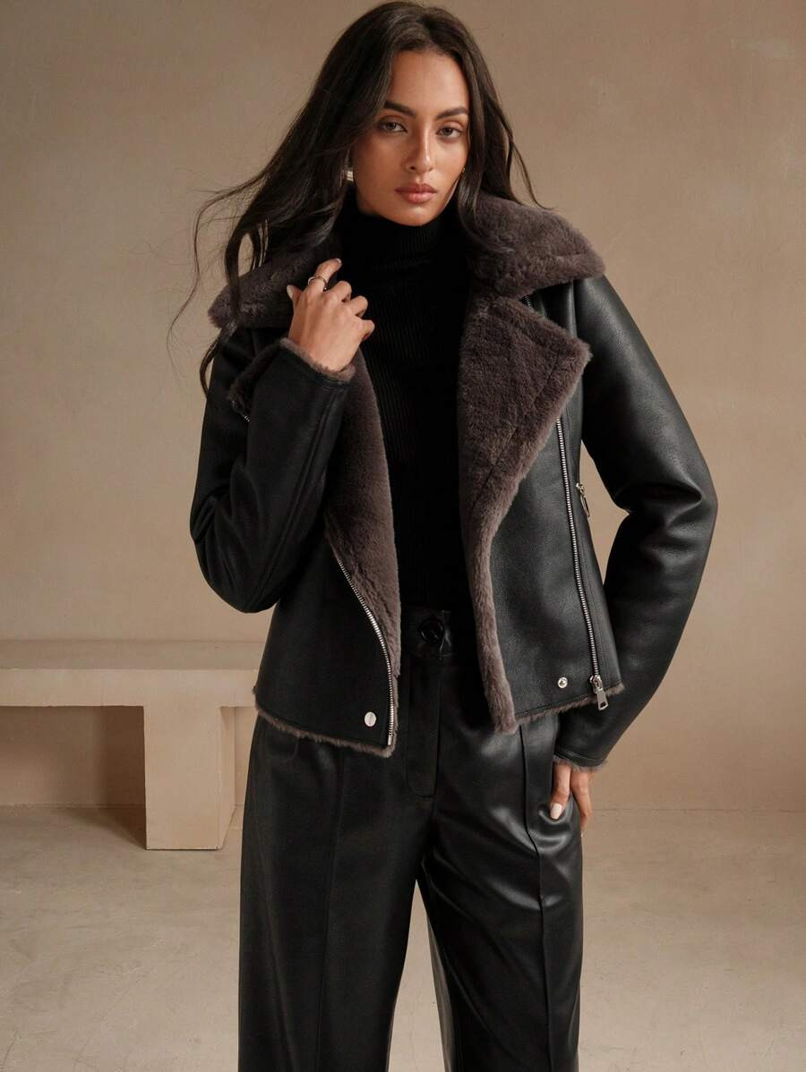Anewsta Black PU Leather Faux Rabbit Fur Collar Jacket For Women | SHEIN