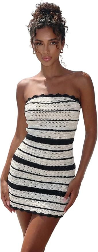 Women's Crochet Striped Tube Top Dress Summer Strapless Hollow Out Bodycon Mini Beach Party Dress... | Amazon (US)