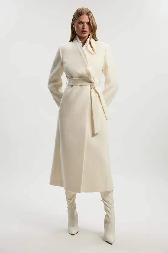 Brushed Wool Satin Mix Belted Wrap Neck Tailored Midi Coat | Karen Millen UK + IE + DE + NL