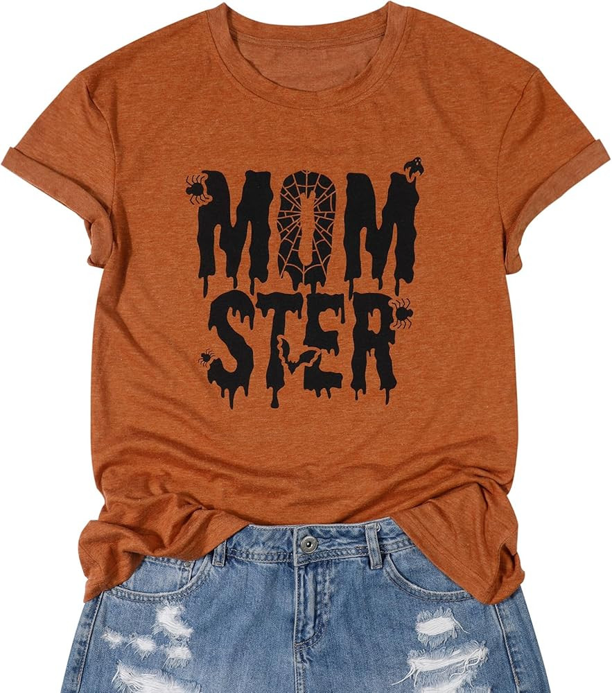 FASHGL Halloween Momster T-Shirt Women Funny Spider Bat Graphic Tee Casual Mom Ster Letter Print ... | Amazon (US)