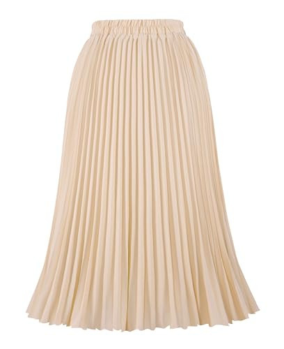 THHGPO Women's Pleated Skirts High Elastic Waist A-Line Swing Skirt Midi Length Beige M | Amazon (US)