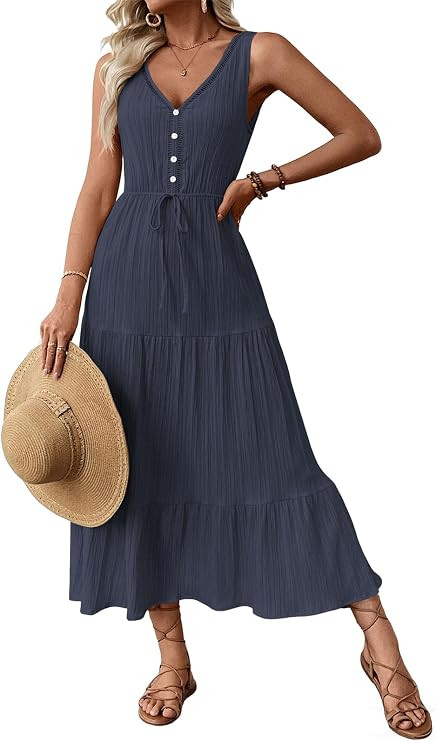 Women's Summer Casual V Neck Sleeveless Maxi Dress Button Front Pleated Elastic High Waist Boho B... | Amazon (US)